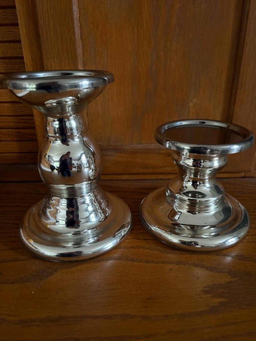 IKEA pair of Polished Silver Metal Candle Holders, 6.5" and 4" tall